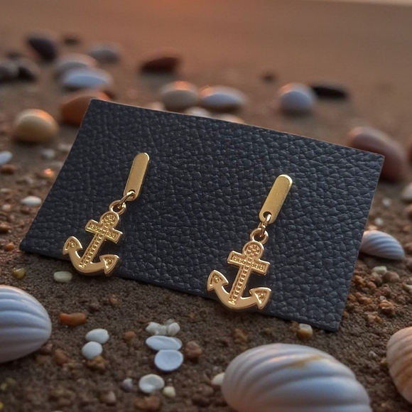 Seaglasscoaztallemonades.com Jewelry - Gold Anchor Drop Earrings 18k Plated